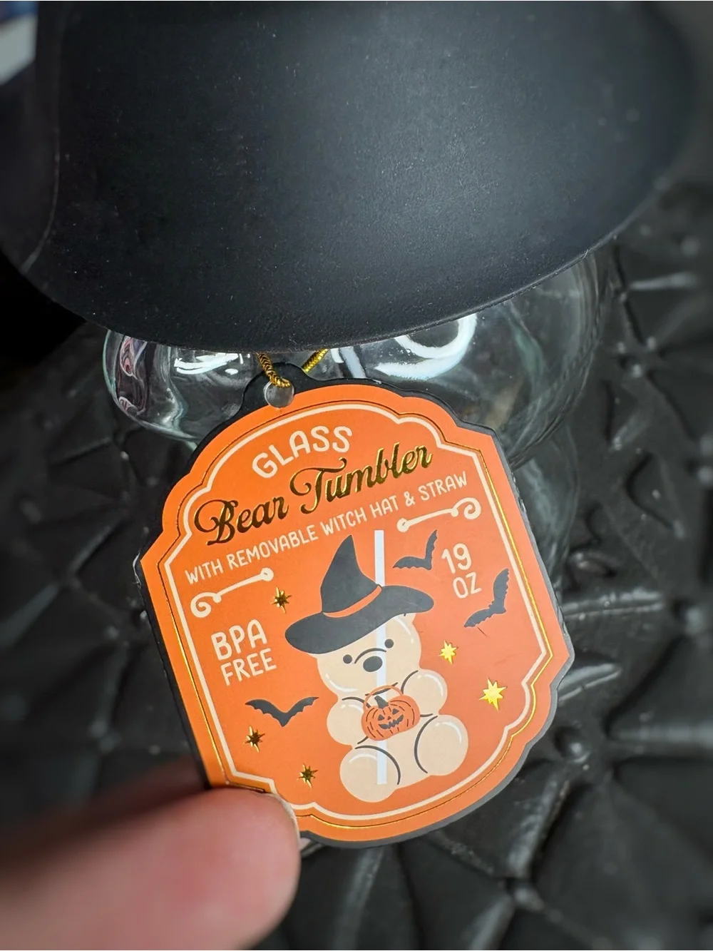 Halloween Glass Bear Tumbler With Removable Witch Hat Black and Orange 19oz